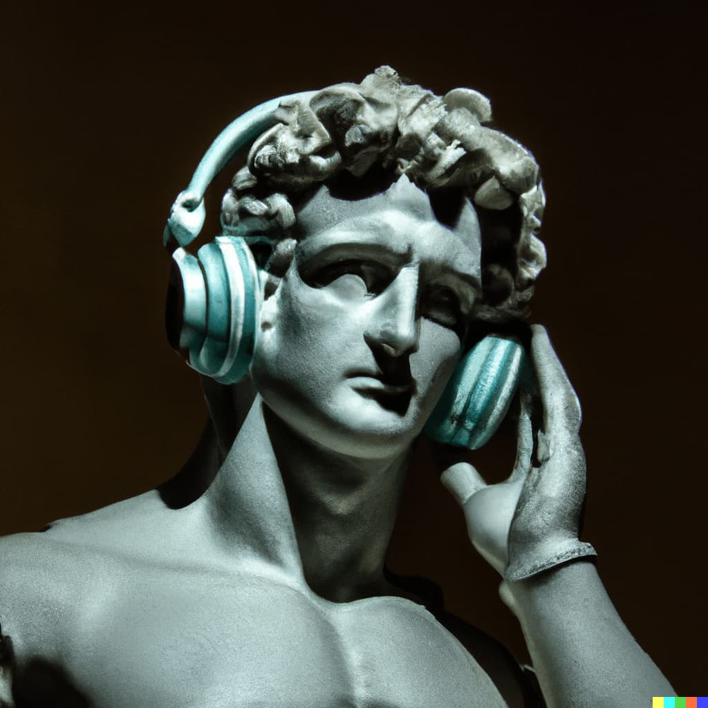 A photo of Michelangelo's sculpture of David wearing headphones djing (DALL·E 2023-07-08 18.21.59)